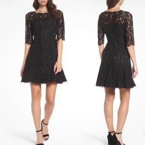 Eliza J Black Lace Scalloped Hem Half Sleeve Fit & Flare Cocktail Dress 0P